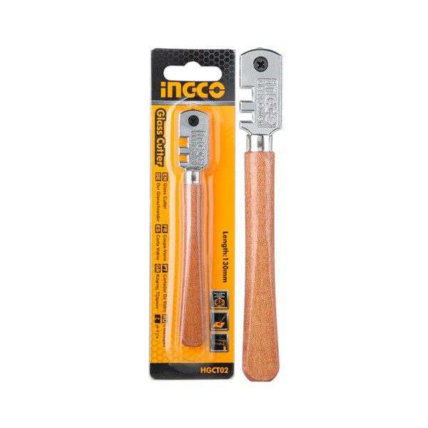 Ingco - Glass Cutter (Wooden Handle) With Wheels Blades - 130Mm