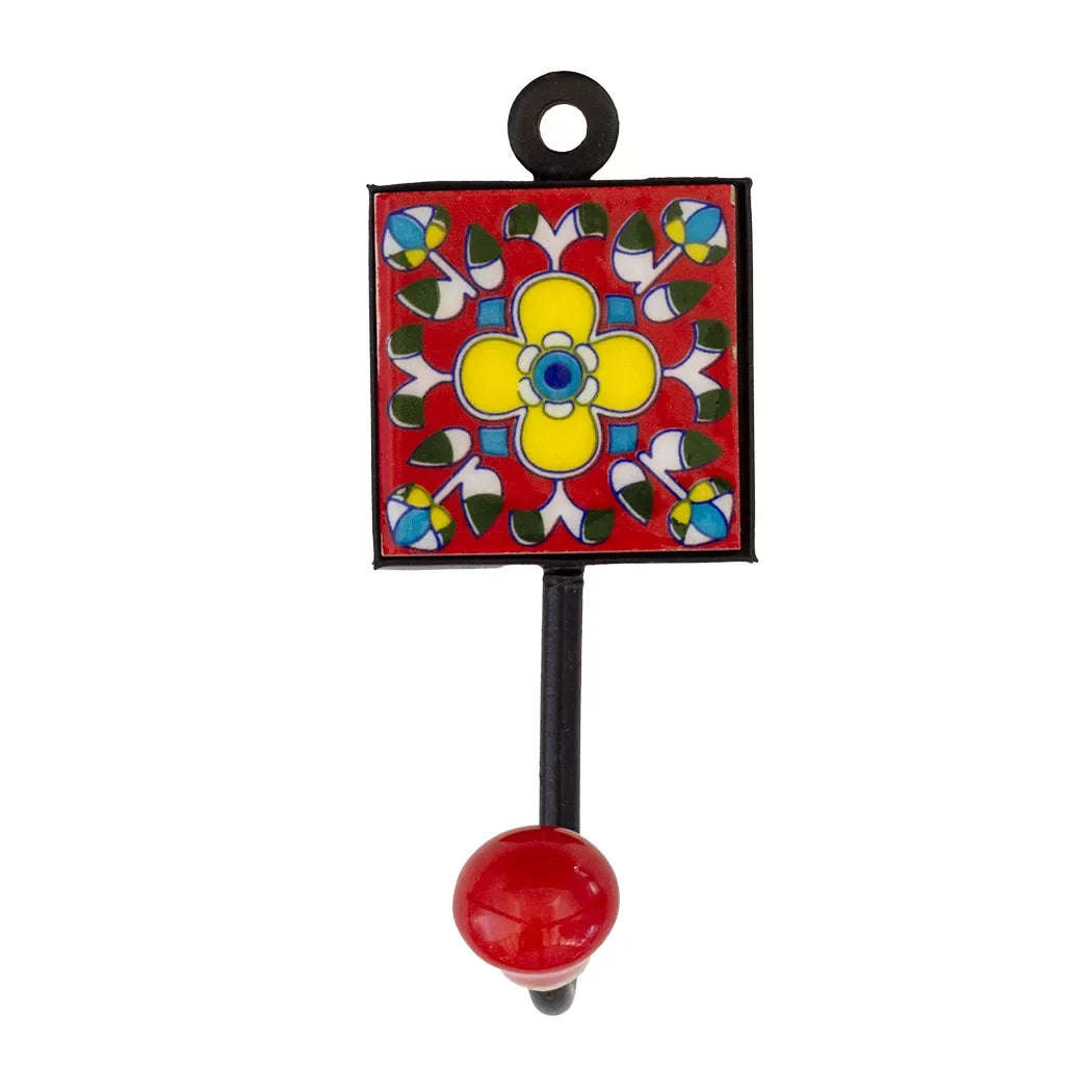 Ceramic Hook - Single Red Yellow Flower