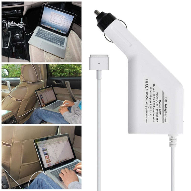 60W 16.5V 3.65A 5 Pin T Style MagSafe 2 Car Charger with 1 USB Port for Apple Macbook A1465 / A15...