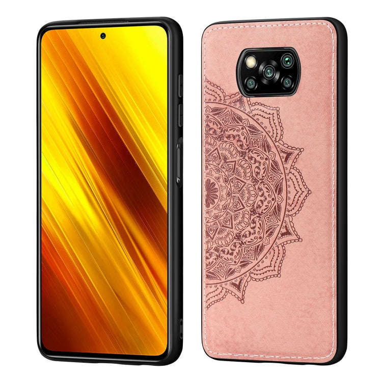 For Xiaomi Poco X3 NFC Mandala Embossed Cloth Cover PC + TPU Case with Magnetic Function and Hand...