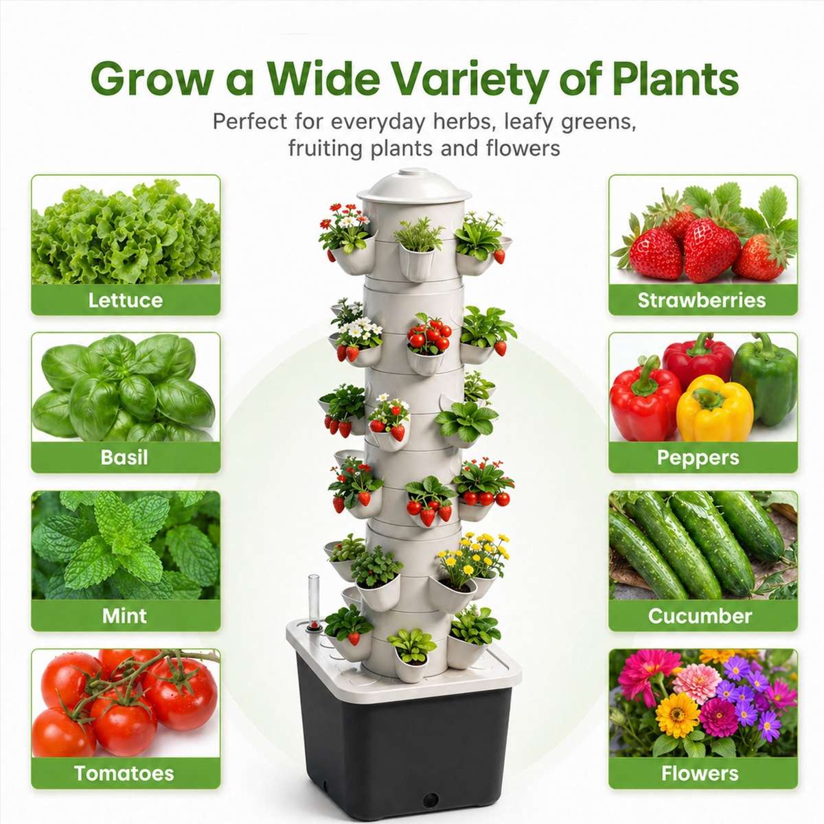 HarvestTower 30-Site Vertical Hydroponic Tower | Self-Circulating Grow System | 25cm Footprint