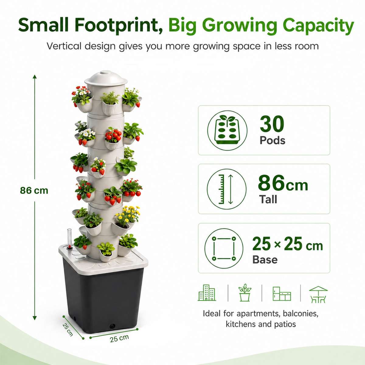 HarvestTower 30-Site Vertical Hydroponic Tower | Self-Circulating Grow System | 25cm Footprint