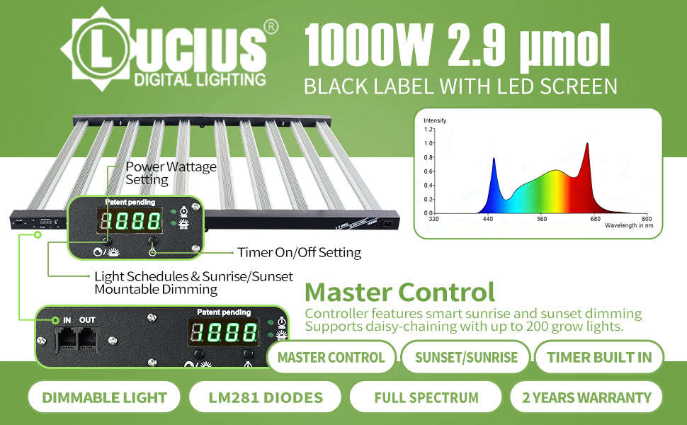 1000W Samsung LM281B LED Grow Light | Programmable Sunrise/Sunset + Timer | Lucius Black Label
