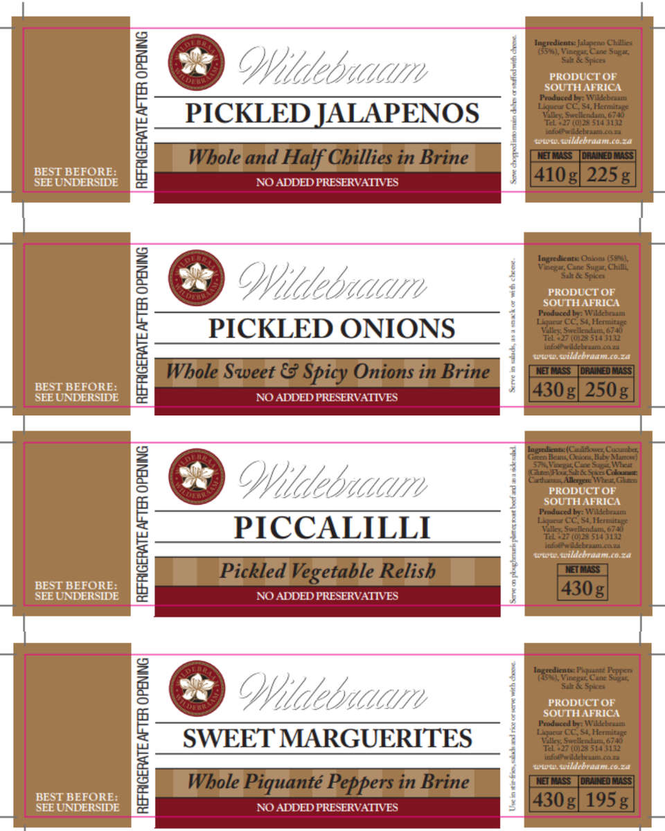 Wildebraam Pickle Combo: Piccalilli, Sweet Marguerites, Jalapenos and Onions 4 x Jar