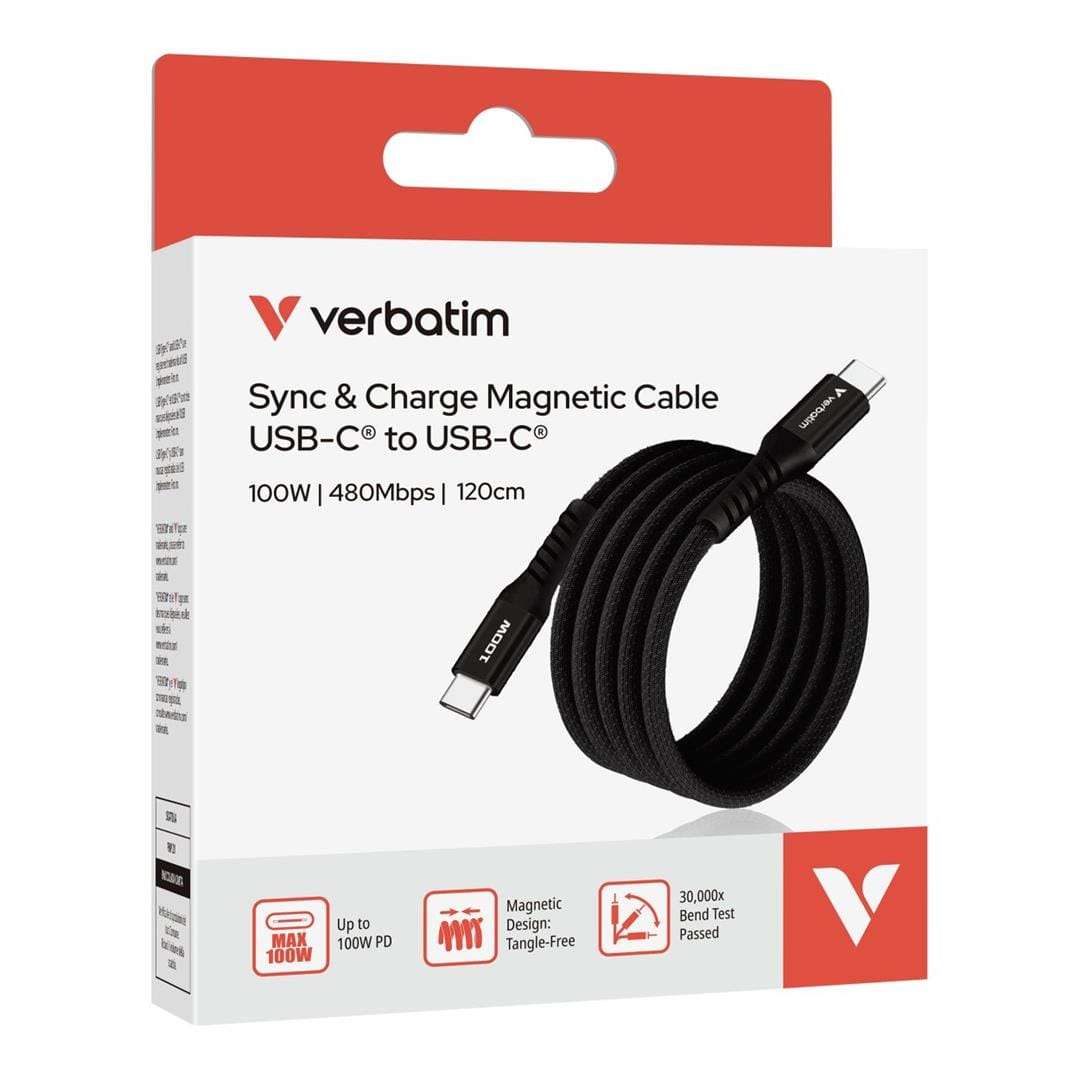 Verbatim 1.2m USB-C to USB-C 100W ?Sync and Charge Magnetic Cable Black 31863