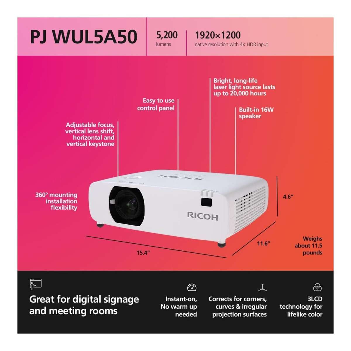 Ricoh PJ WUL5A50 5200 ANSI Lumens Short Throw Projector White 432675