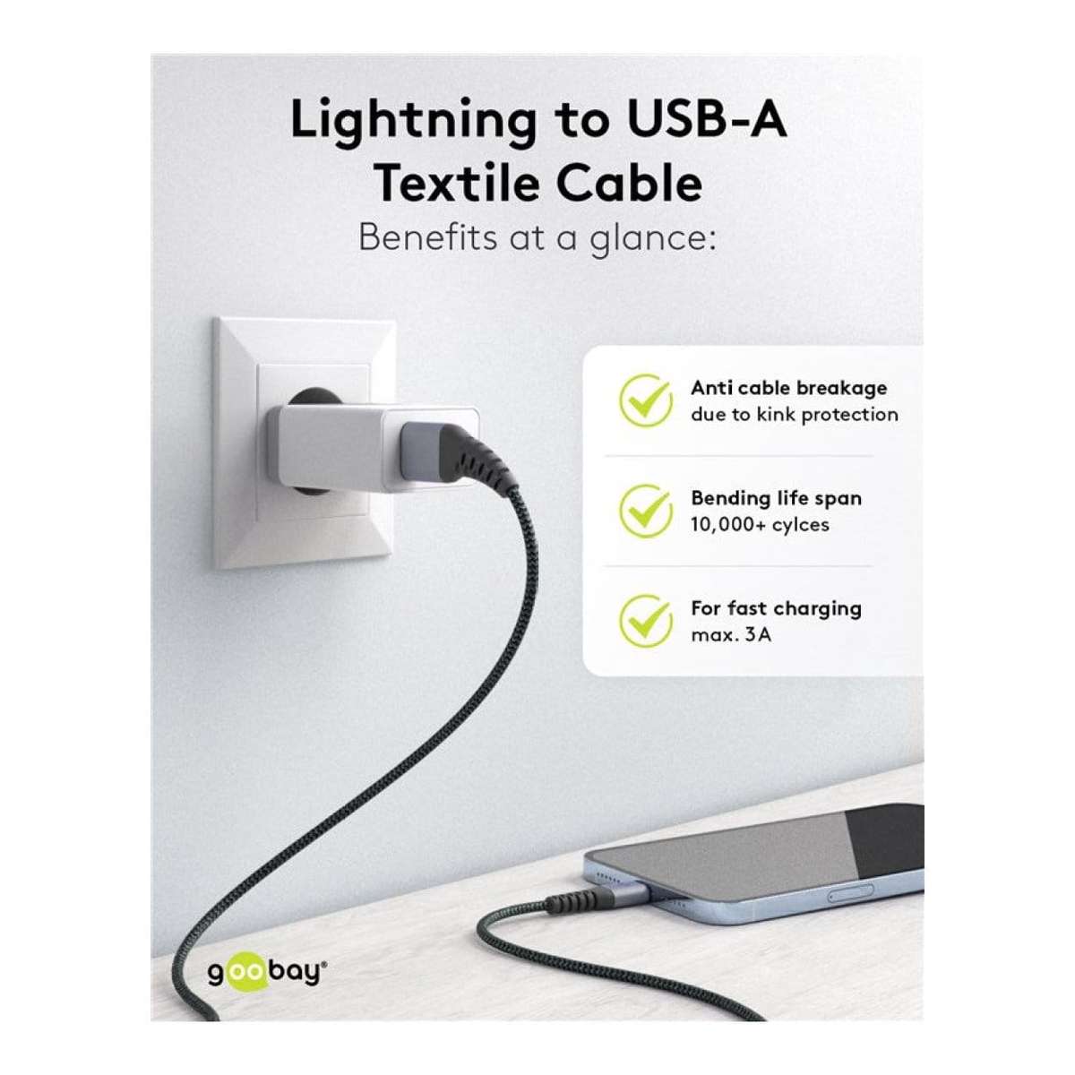 Goobay 1m USB-A to Lightning Textile Charging Cable with Metal Plugs 49268
