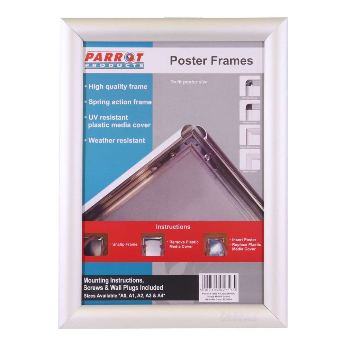 Parrot Poster Frame A4 330x240mm Single Mitred Econo BG3204