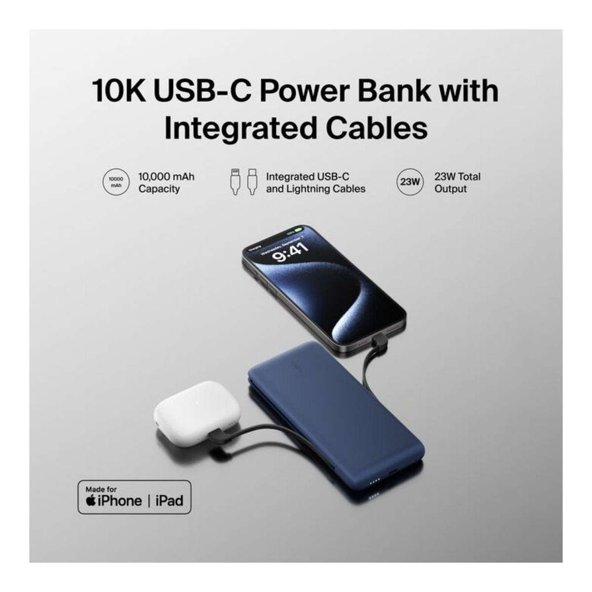 Belkin BoostCharge Plus 10000mAh USB-C Power Bank with Integrated Cables Powerbank - Blue BPB006B...