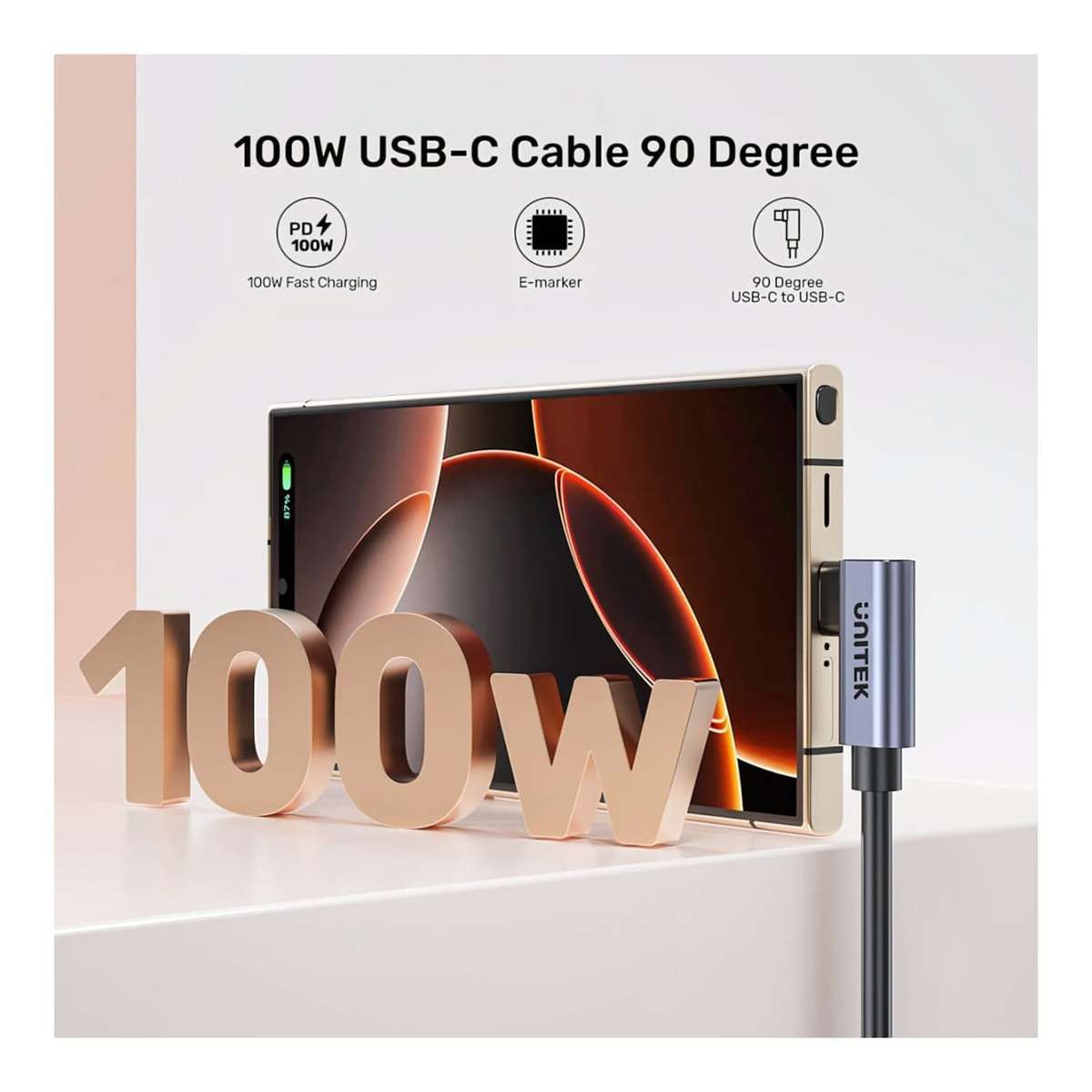 Unitek 50cm PD 100W USB-C Right Angle Cable C14147ABK01-0.5M