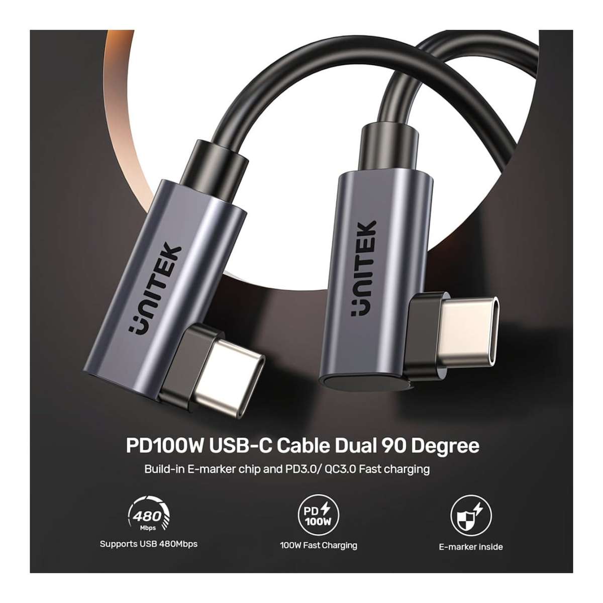 Unitek 50cm PD 100W USB-C Right Angle Cable C14147ABK01-0.5M
