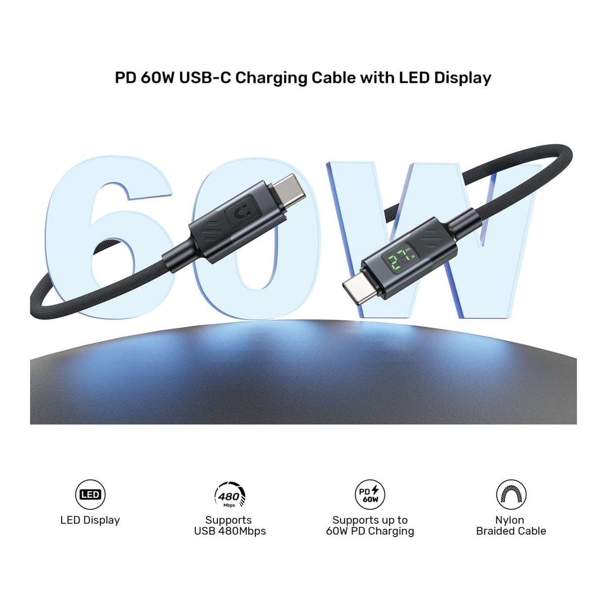 Unitek 60W Type-C Male to Male Charging Cable 2m with LED Display C14158ABK-2M