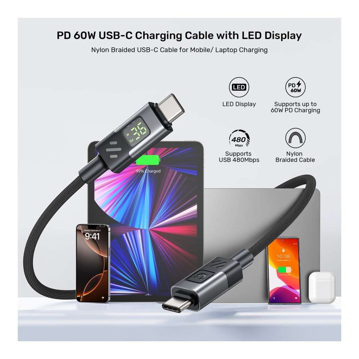 Unitek 60W Type-C Male to Male Charging Cable 2m with LED Display C14158ABK-2M