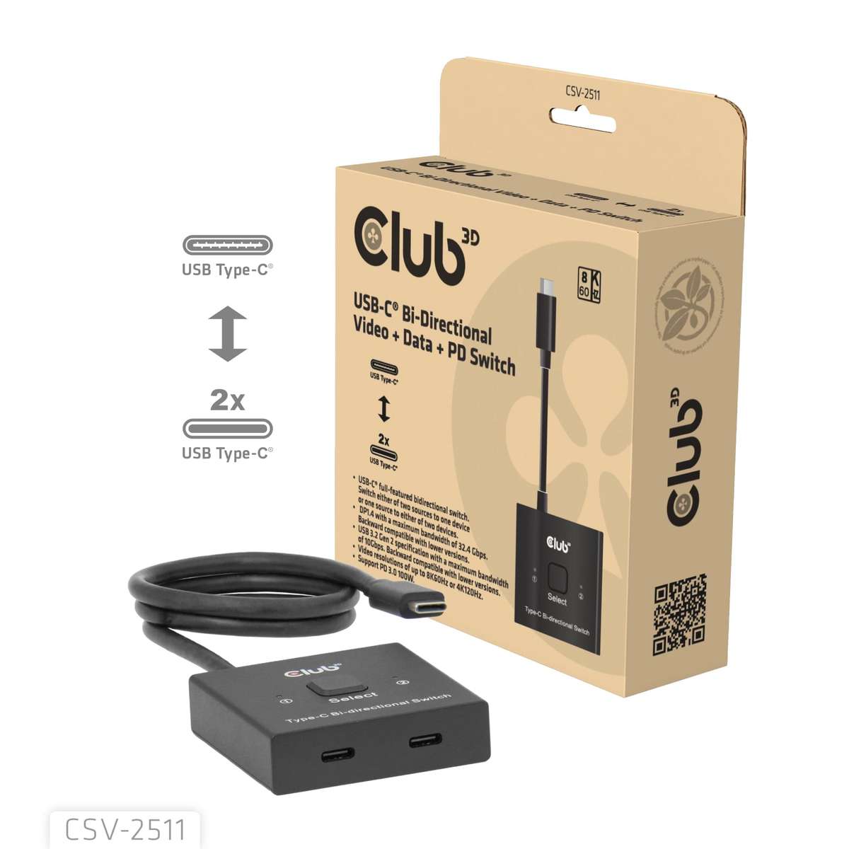 Club 3D USB-C Bi-Directional Video Data and PD Switch CSV-2511
