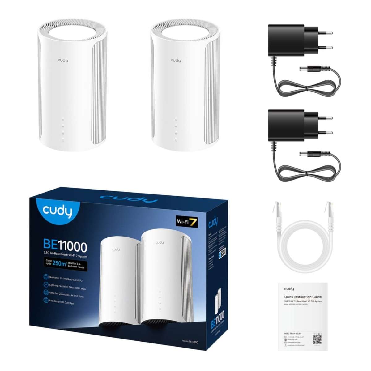 Cudy M11000 Tri-band 2.4GHz 5GHz 6GHz Wi-Fi 7 Mesh System White 2-pack