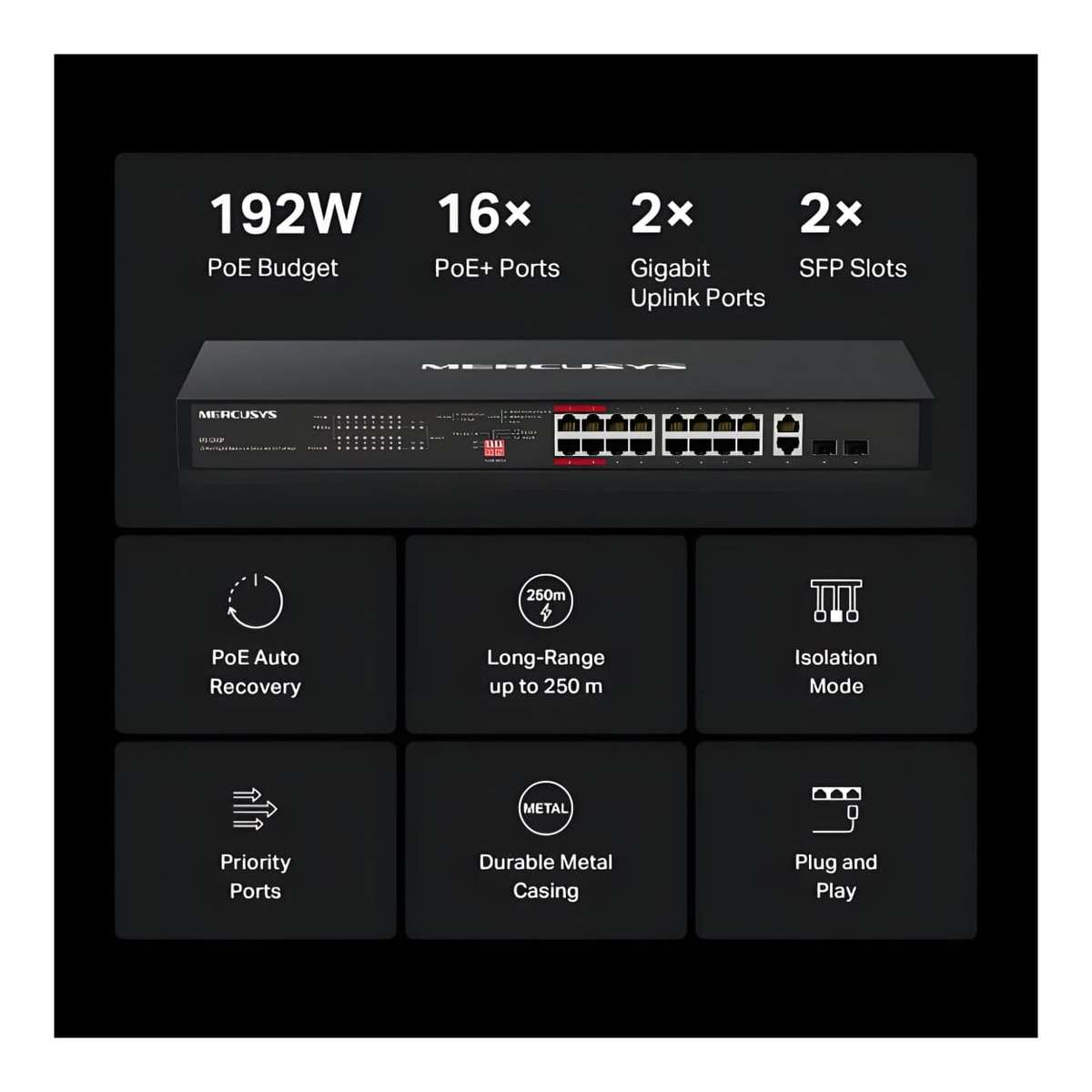 Mercusys MS120GP 20-Port Gigabit 16-Port PoE+ Rackmount Switch