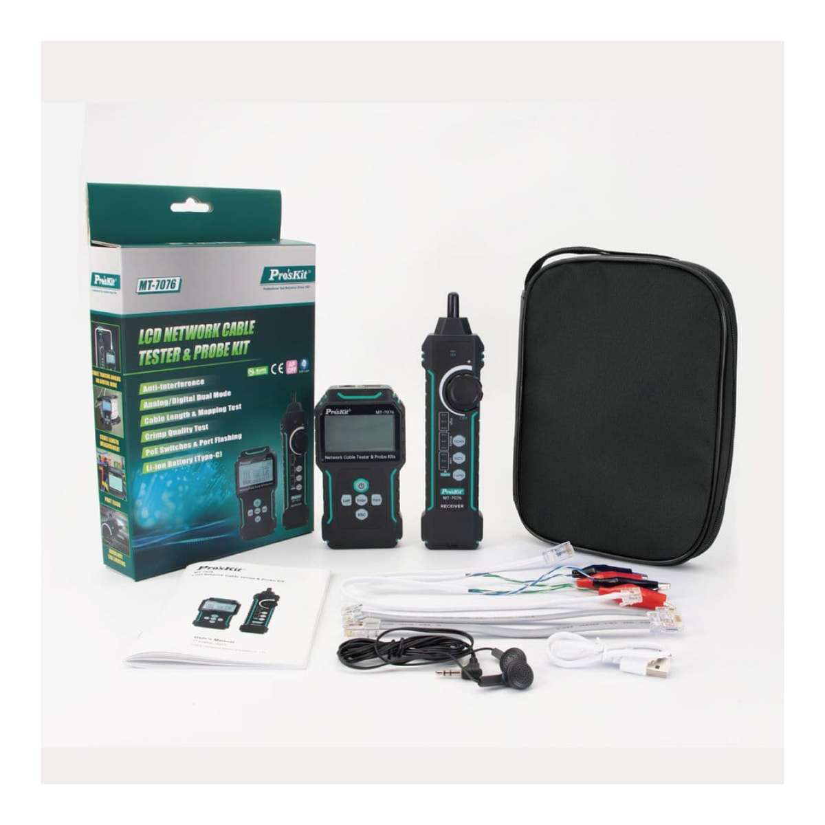 Pro'sKit MT-7076 LCD PoE Network Cable Tester and Probe Kit