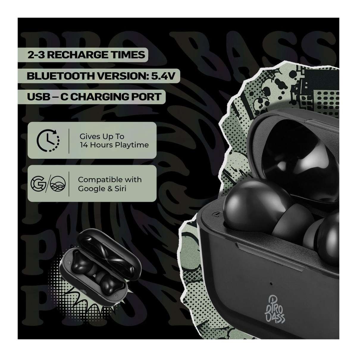 Pro Bass Pulse True Wireless Earbuds with Charging Case Black PR-1119-BK