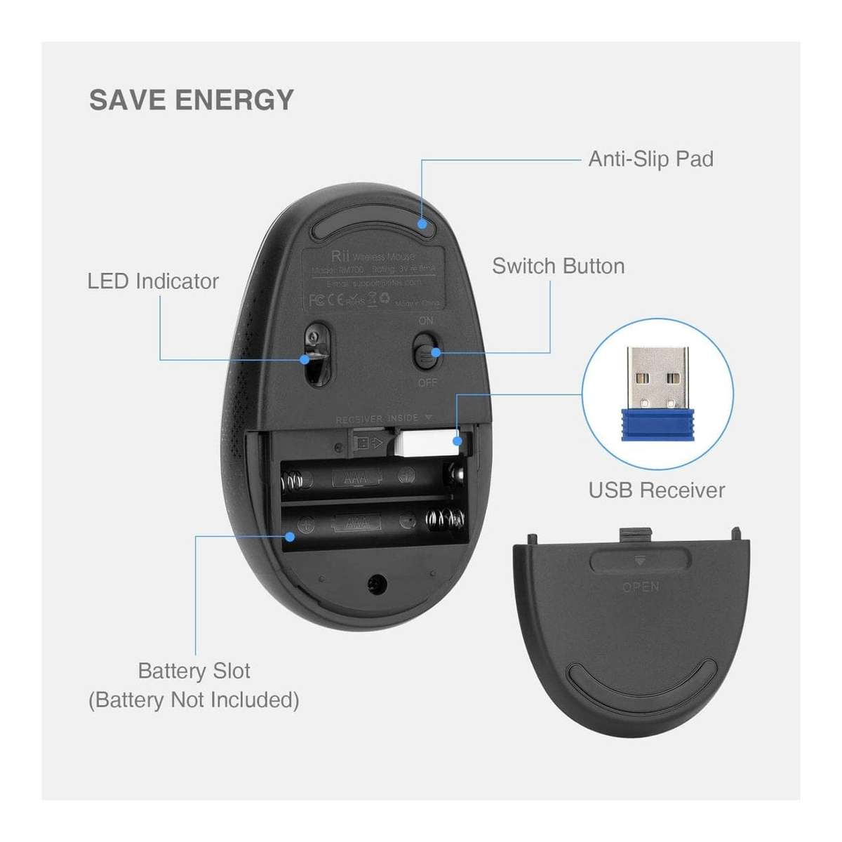 RII RM700-BLK Silent 2.4G Wireless Mouse Black