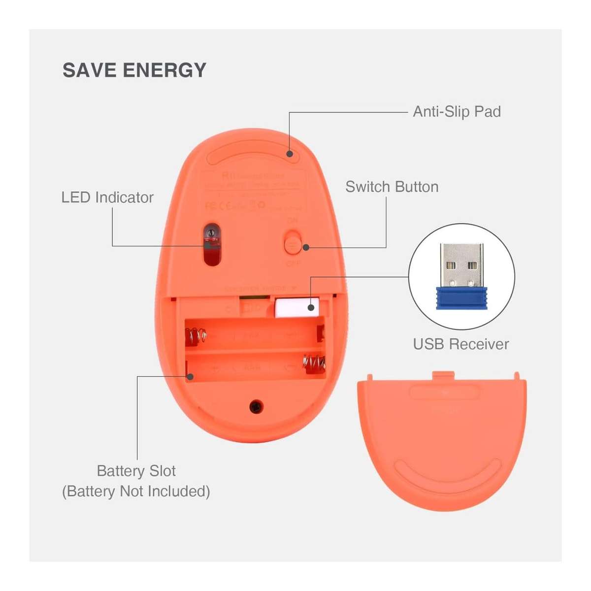 Rii RM700 Soft Click Wireless Mouse with Nano USB Receiver Orange RM700-ORN