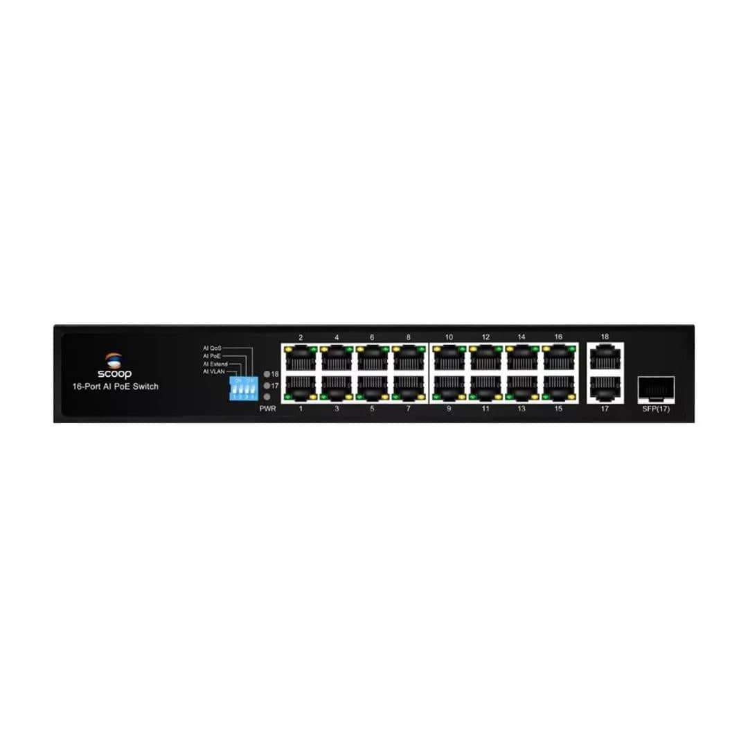 Scoop 16-port 150W 2x Gigabit 1x SFP Fast Ethernet AI PoE Network Switch SPS-16F2GS