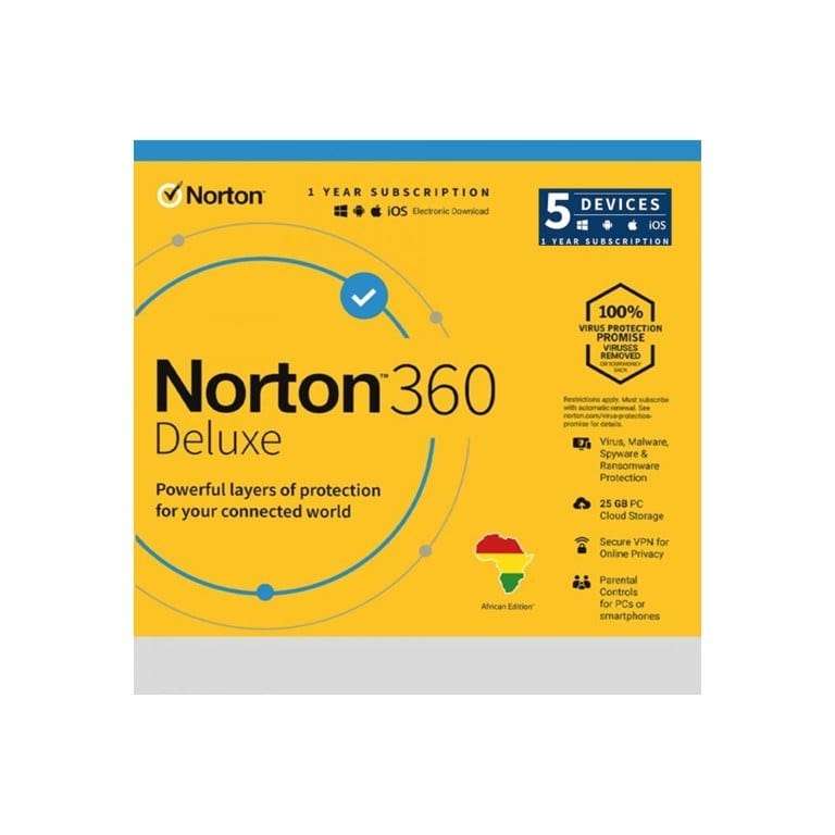 Norton 360 Deluxe for 5x PCs Macs Smartphones or Tablets - Single-user 1-year Subscription Download