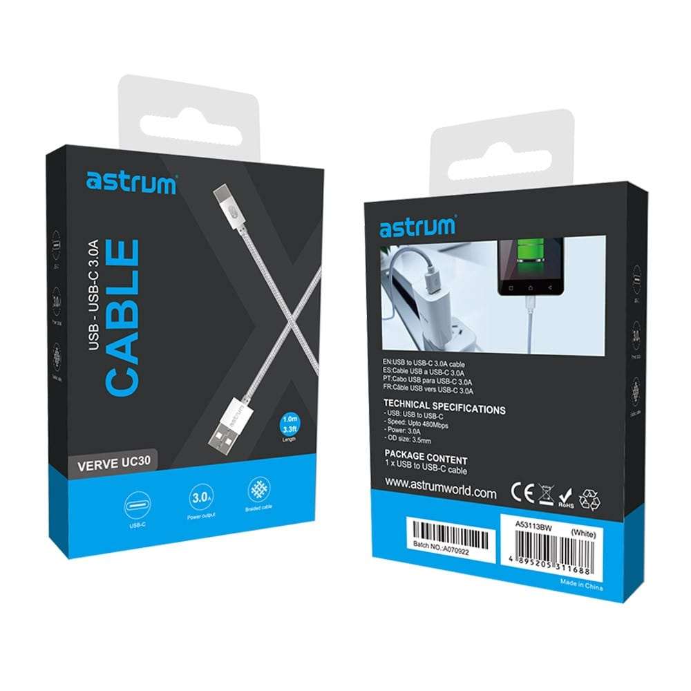 Astrum Verve UC30 1m USB-A to USB-C Braided Cable White A53113BW