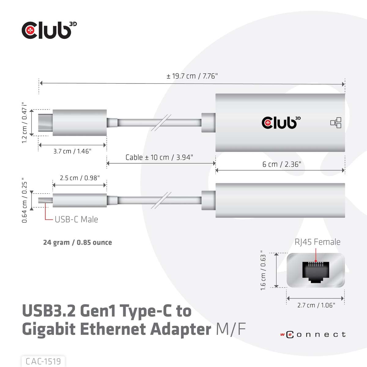 Club 3D CAC-1519 USB3.2 Gen1 Type-C to Gigabit Ethernet Adapter M/F