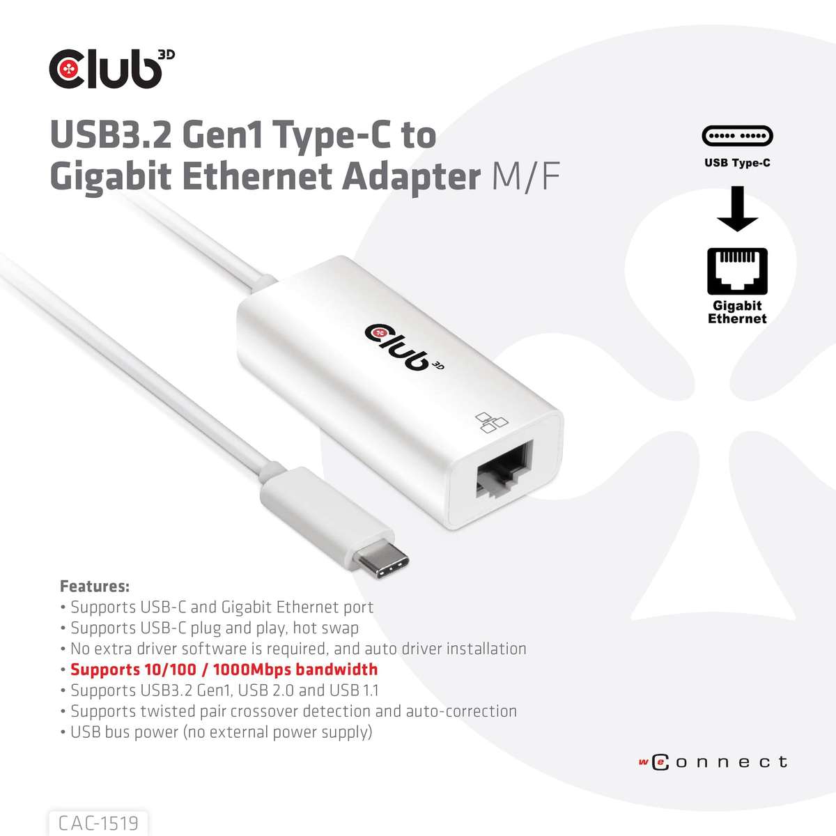 Club 3D CAC-1519 USB3.2 Gen1 Type-C to Gigabit Ethernet Adapter M/F