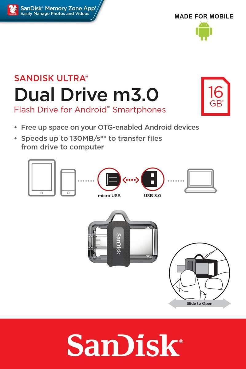 SanDisk Ultra Dual M3.0 16GB USB 3.2 Gen 1 Type-A / Black Silver and Transparent USB Flash Drive SDD