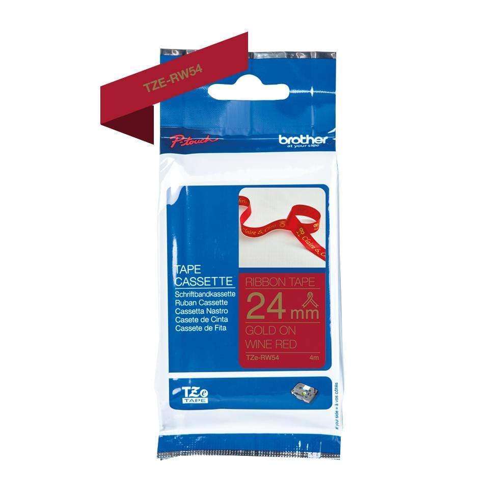 BrotherTZE-RW54 P-Touch Gold Print on Red Satin Ribbon 24mm