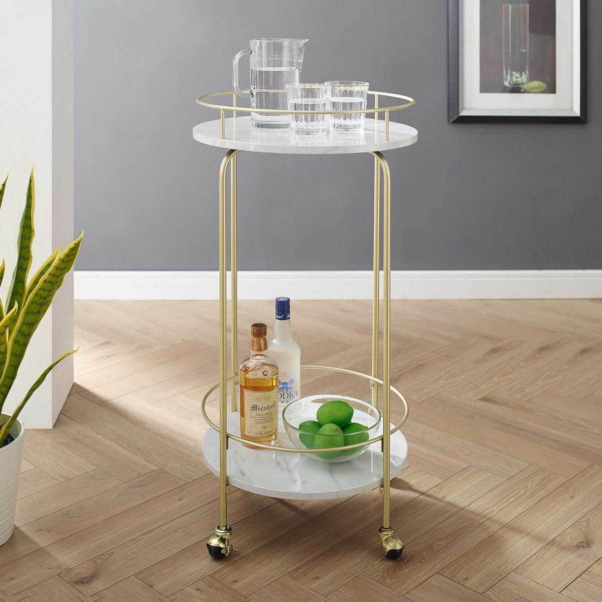 Lily's Orchard White Marble Tall Bar Cart