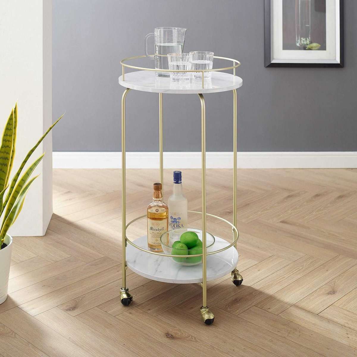Lily's Orchard White Marble Tall Bar Cart