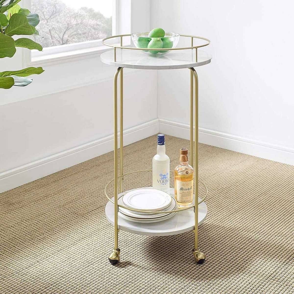 Lily's Orchard White Marble Tall Bar Cart