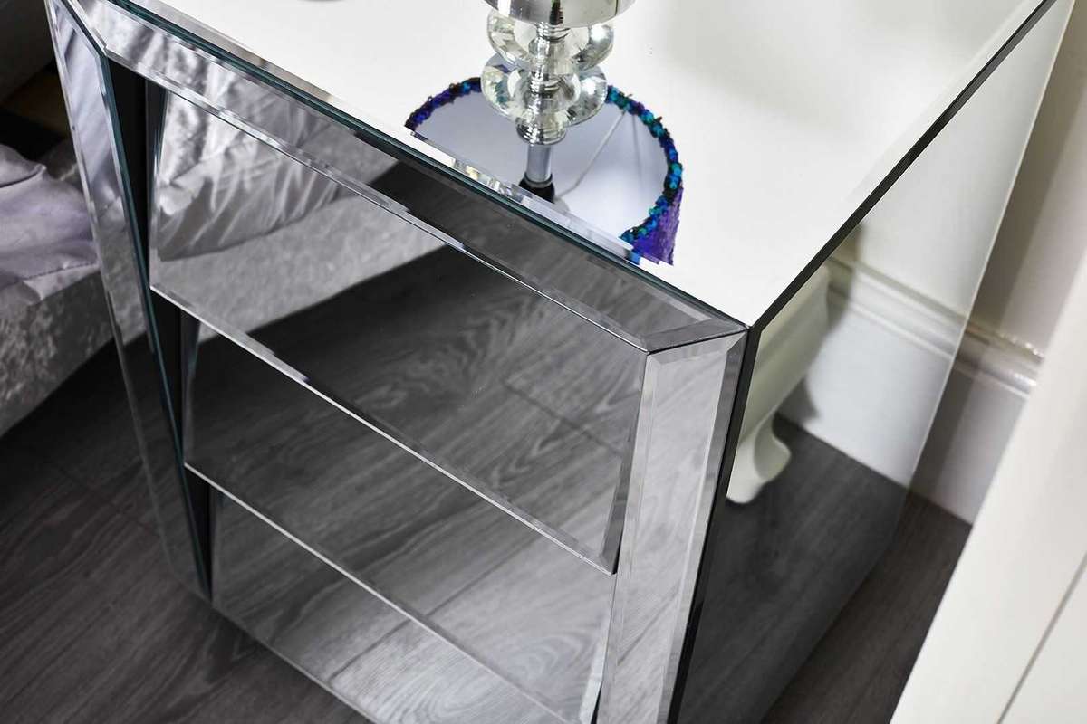 LeBlanc Angled Three Drawer Mirrored Bedside Table