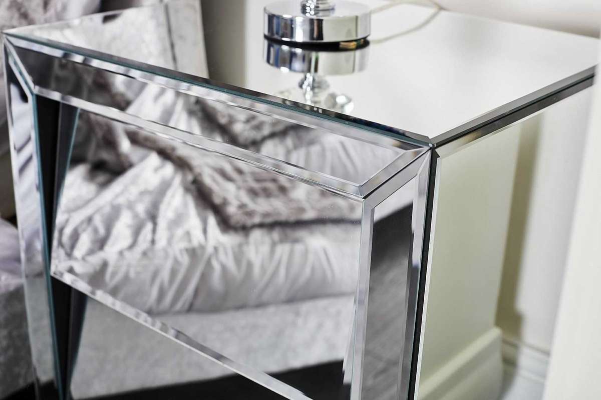 LeBlanc Angled Three Drawer Mirrored Bedside Table