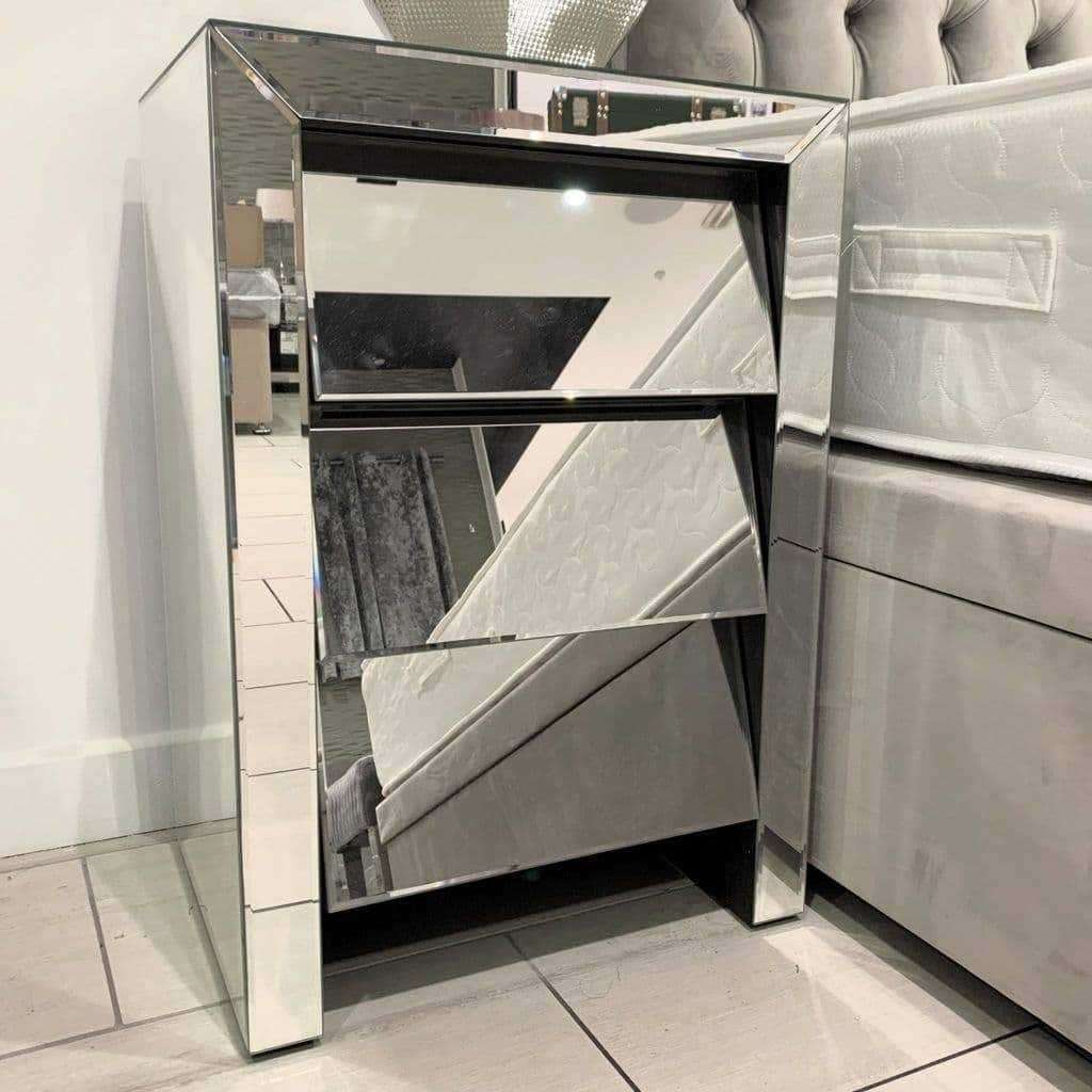 LeBlanc Angled Three Drawer Mirrored Bedside Table