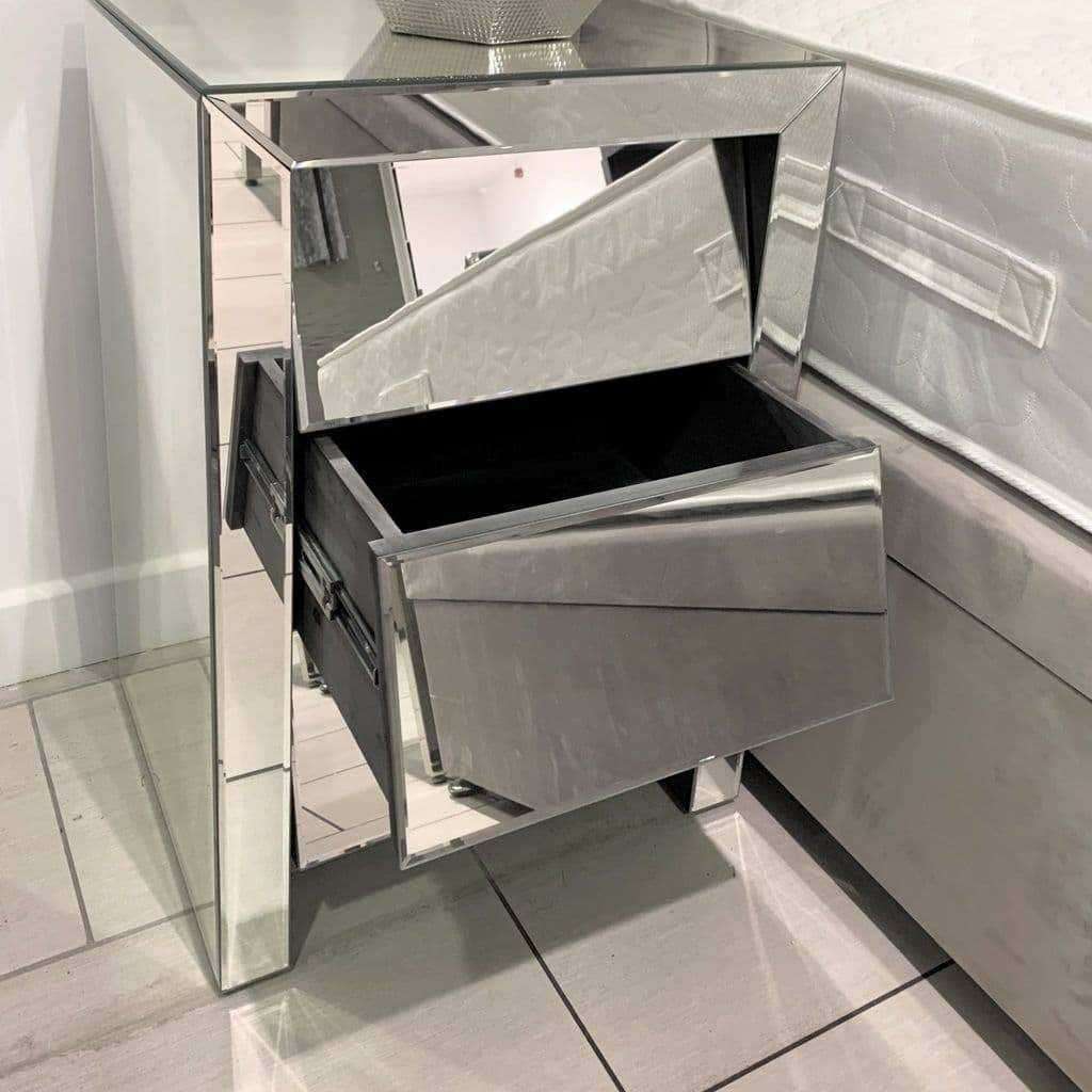 LeBlanc Angled Three Drawer Mirrored Bedside Table