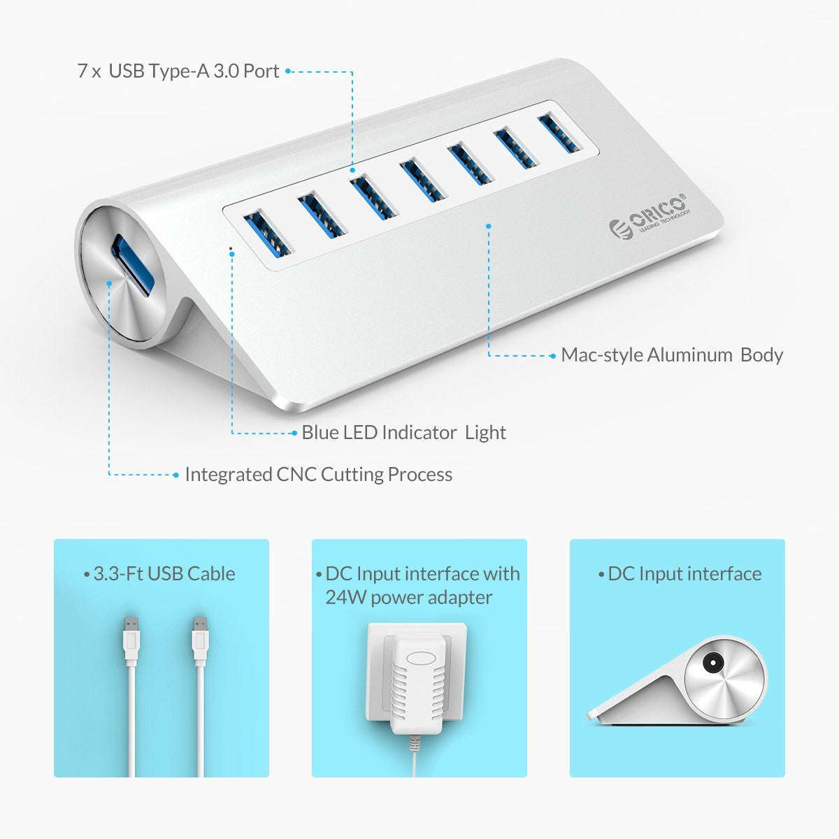 ORICO 7 PORT USB3.0 ALUMINUM HUB