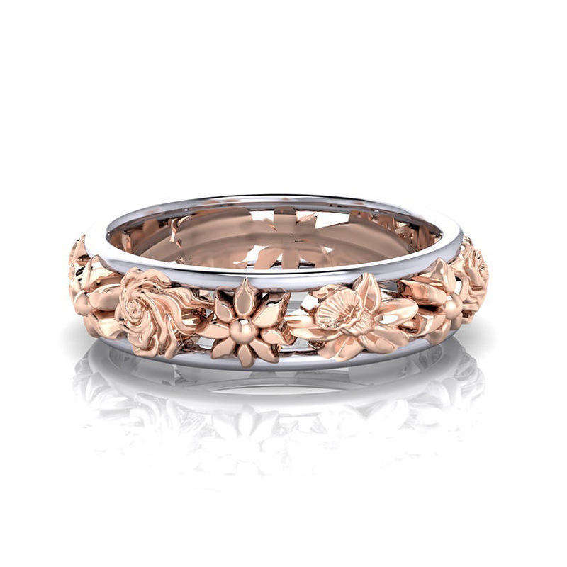 Fashion Double Color Flower Finger Ring Round Shape Rose Gold Women Rings Jewelry - 8