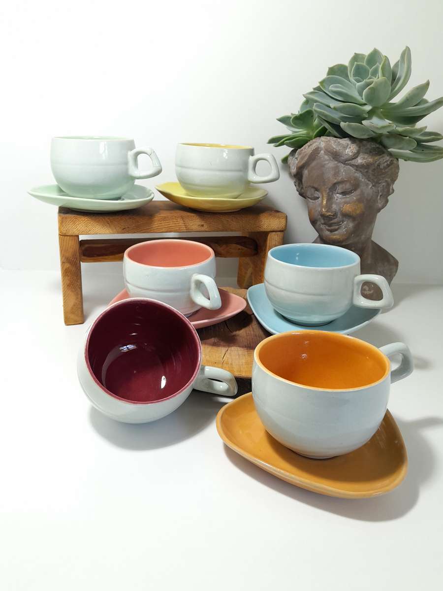 Colourful Set of Mid-Century Modern Ceramic Cups & Saucers