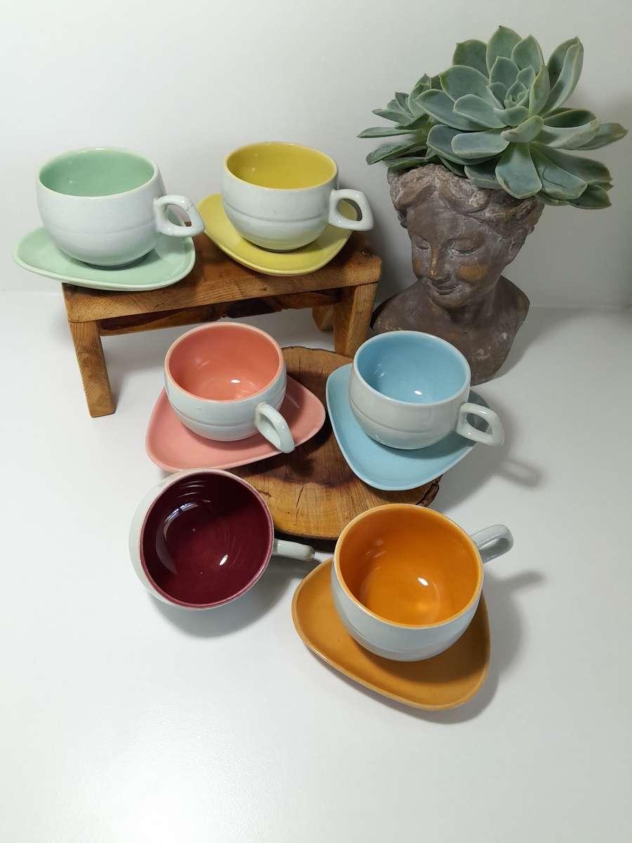 Colourful Set of Mid-Century Modern Ceramic Cups & Saucers