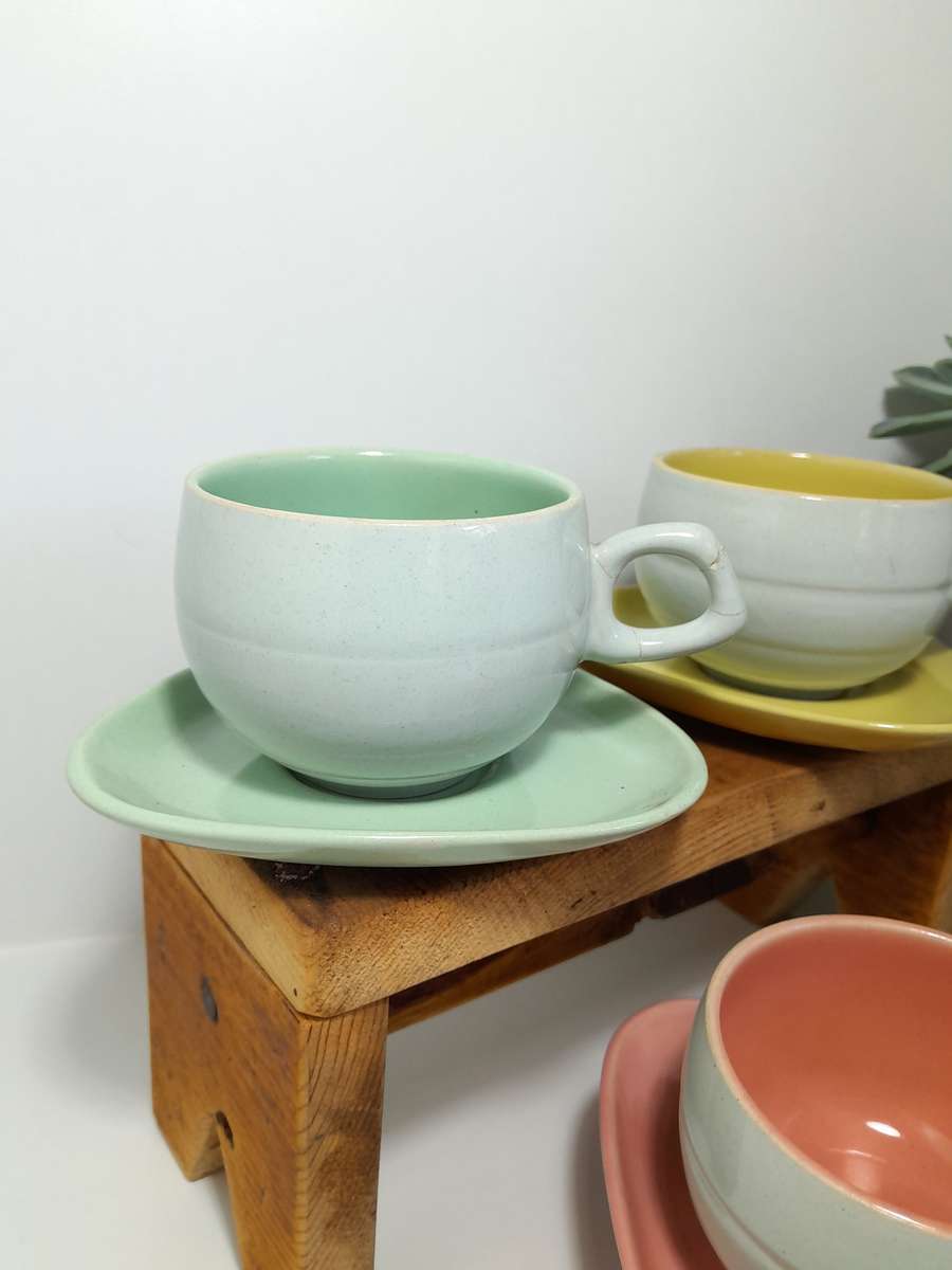 Colourful Set of Mid-Century Modern Ceramic Cups & Saucers