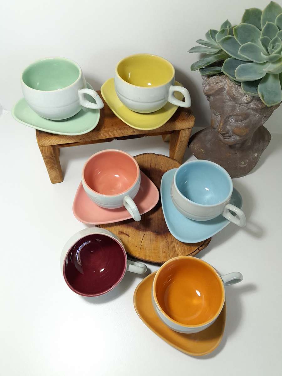 Colourful Set of Mid-Century Modern Ceramic Cups & Saucers