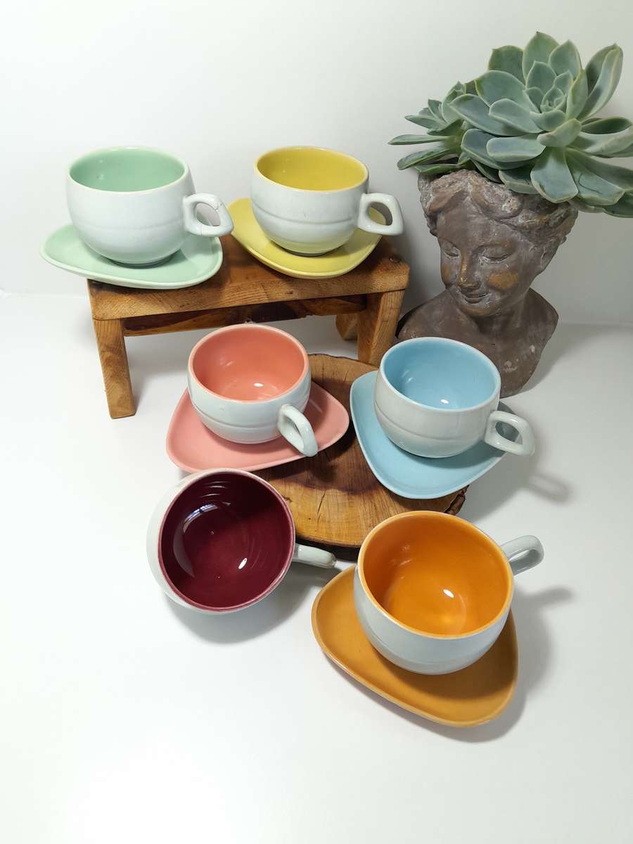 Colourful Set of Mid-Century Modern Ceramic Cups & Saucers
