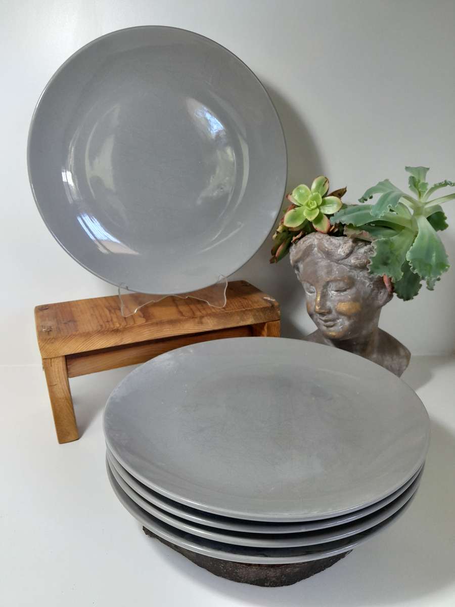 Set of 5 Large Grey Stoneware Dinner plates