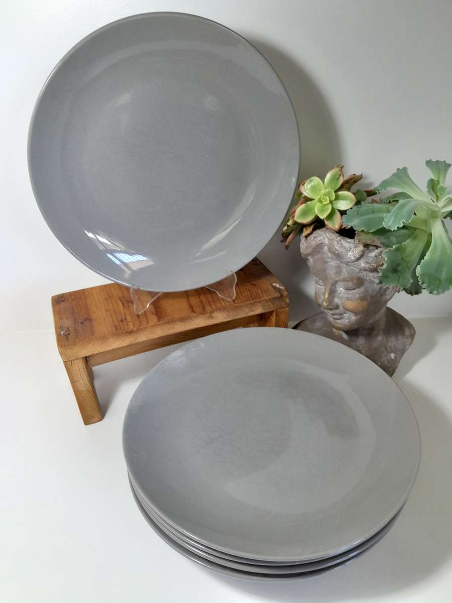 Set of 5 Large Grey Stoneware Dinner plates