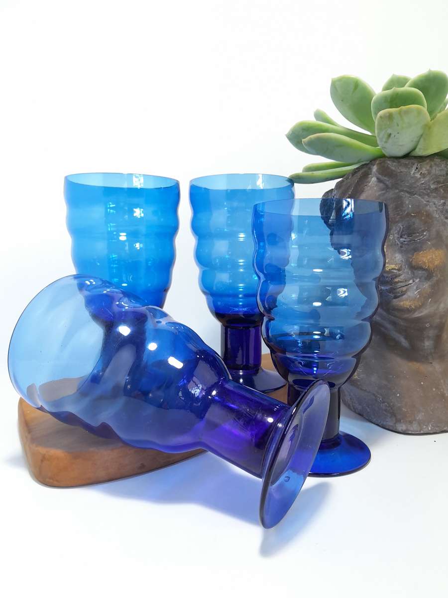 Vintage Set of 4 Cobalt Blue Goblet-Style Drinking Glasses