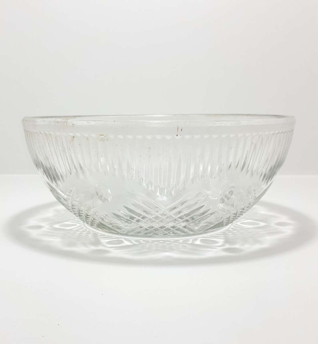 Vintage 1960-1970's Clear Glass Salad Bowl With Crosshatch & Prism Patterning