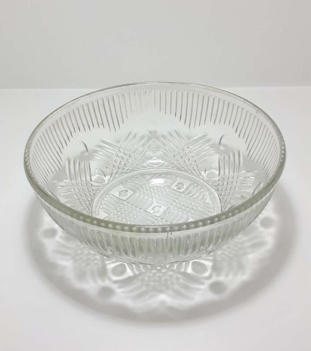 Vintage 1960-1970's Clear Glass Salad Bowl With Crosshatch & Prism Patterning